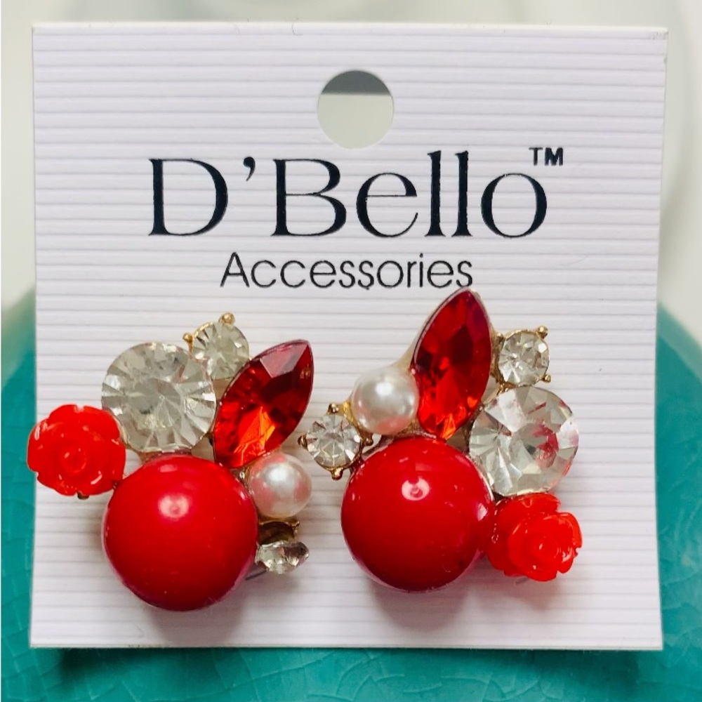 D’BELLO Pierce Earrings “NWT” Red Gem & CZ
